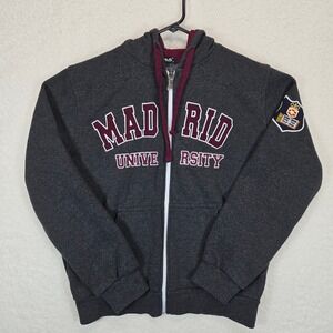 NOS Madrid University Full Zip Hoodie Jacket Gray Burgundy Embroidered Size M